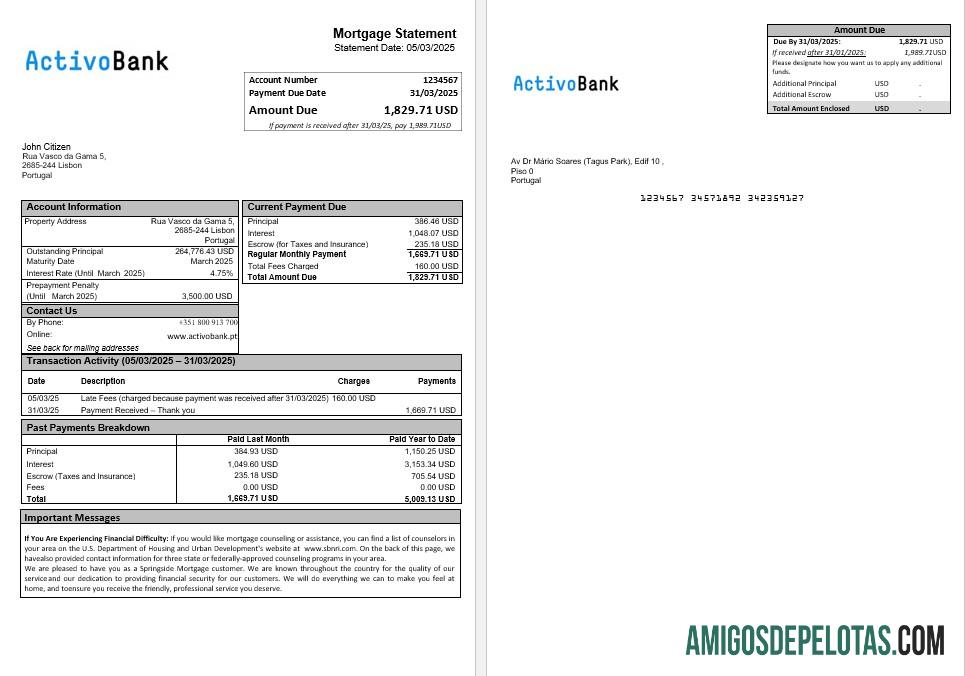 Extrato de hipoteca do Activobank Portugal em formato Word e PDF exemplo